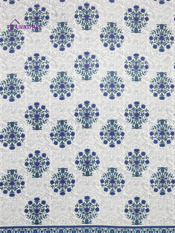 Hand Screen Floral Indigo Double Size Bedsheet With 2 Pillow Coverss