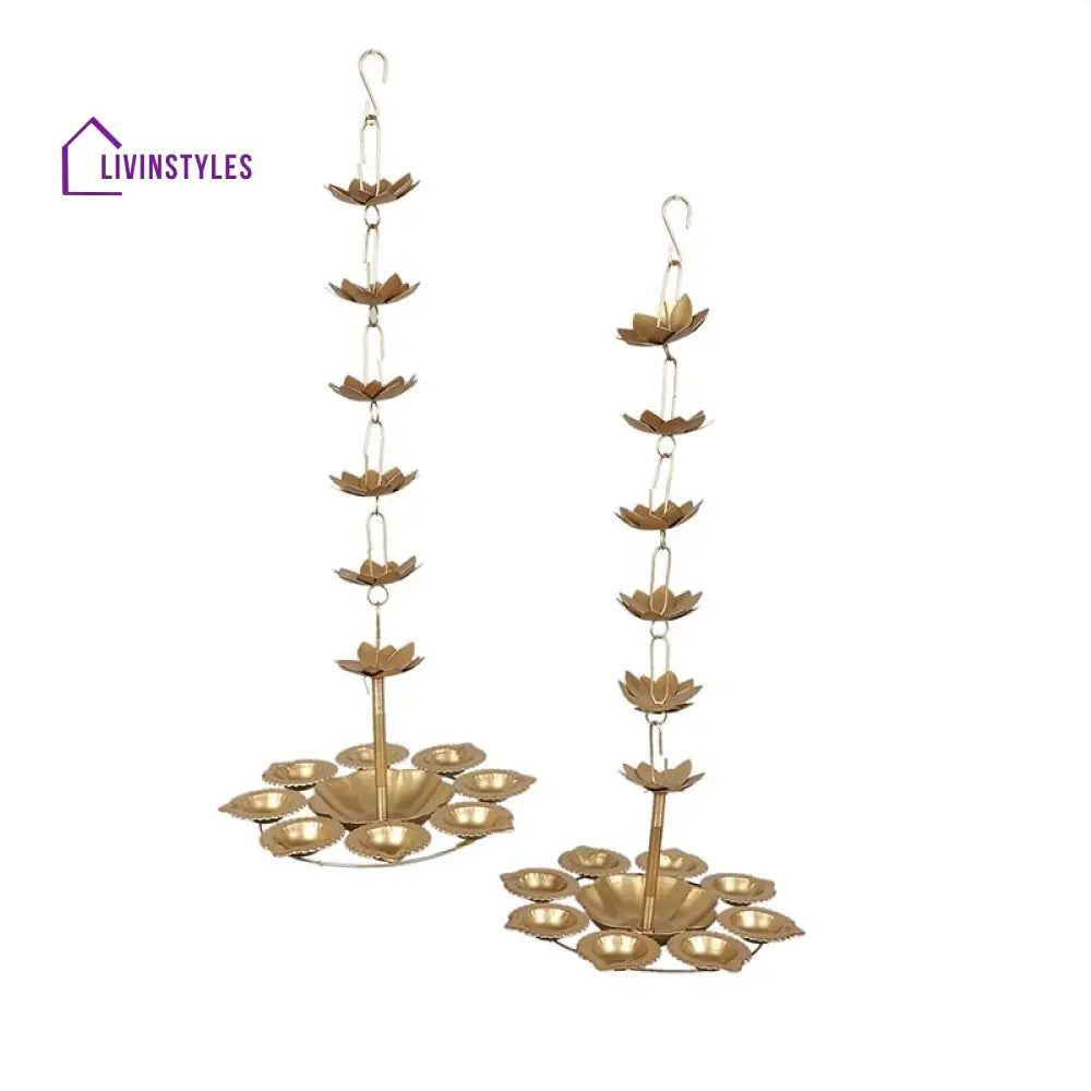 Hanging Lotus Flames Urli Diya | Gold Set Of 2