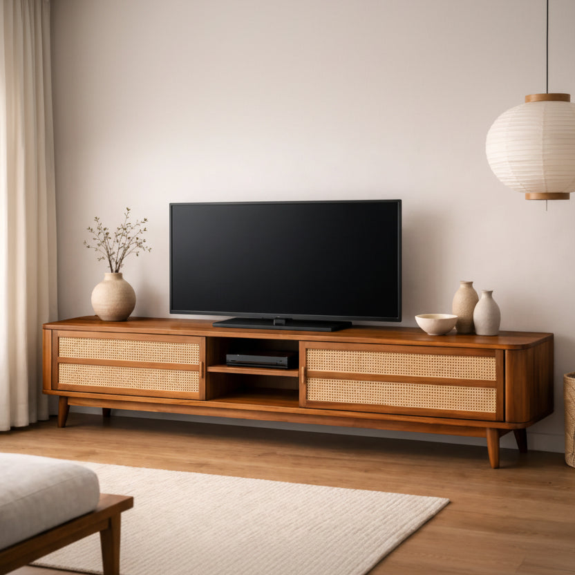 Hanh Premium Solid Wood TV Unit with Cane Panel Cabinet