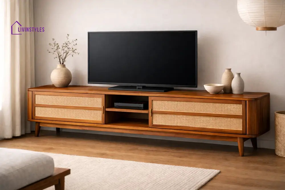 Hanh Premium Solid Wood TV Unit with Cane Panel Cabinet