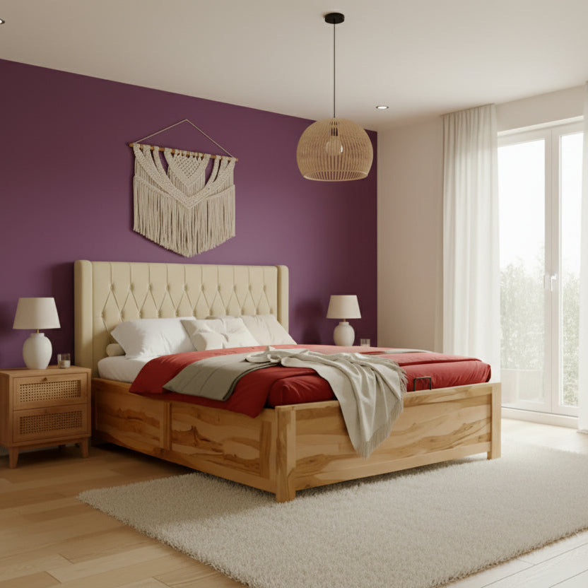 Hanh Real Teak Wood Hydraulic Bed King Size Light Beige