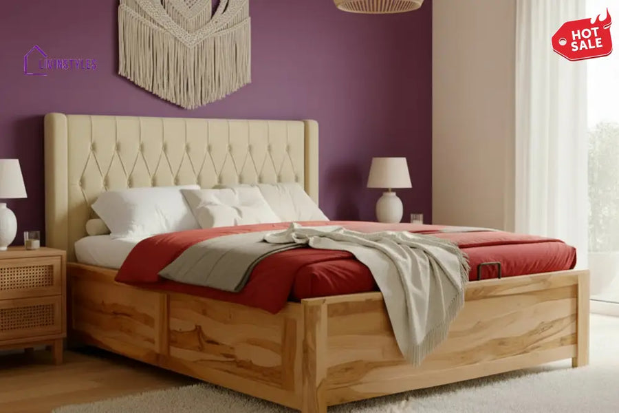 Hanh Real Teak Wood Hydraulic Bed King Size Light Beige