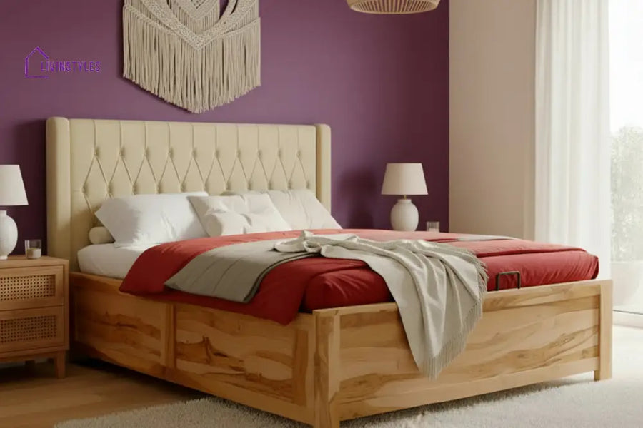 Hanh Real Teak Wood Hydraulic Bed King Size Light Beige