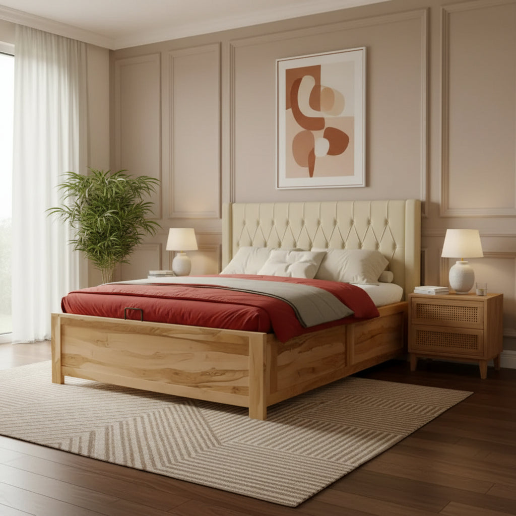 Hanh Real Teak Wood Hydraulic Bed King Size Light Beige