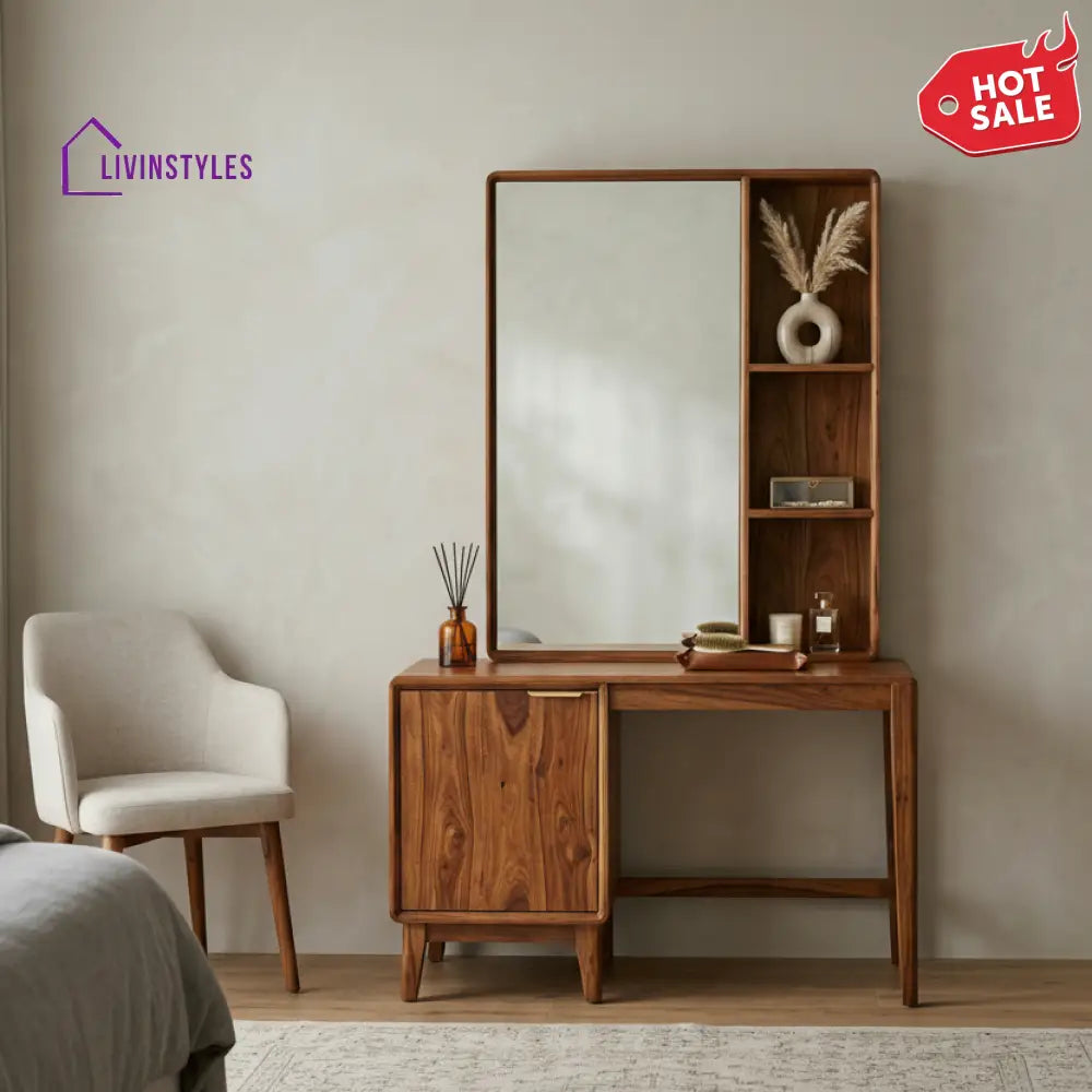 Hannah Sheesham Wood Dressing Table with Mirror and Storage (Honey Finish)