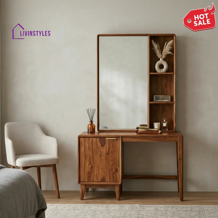 Hannah Sheesham Wood Dressing Table with Mirror and Storage (Honey Finish)