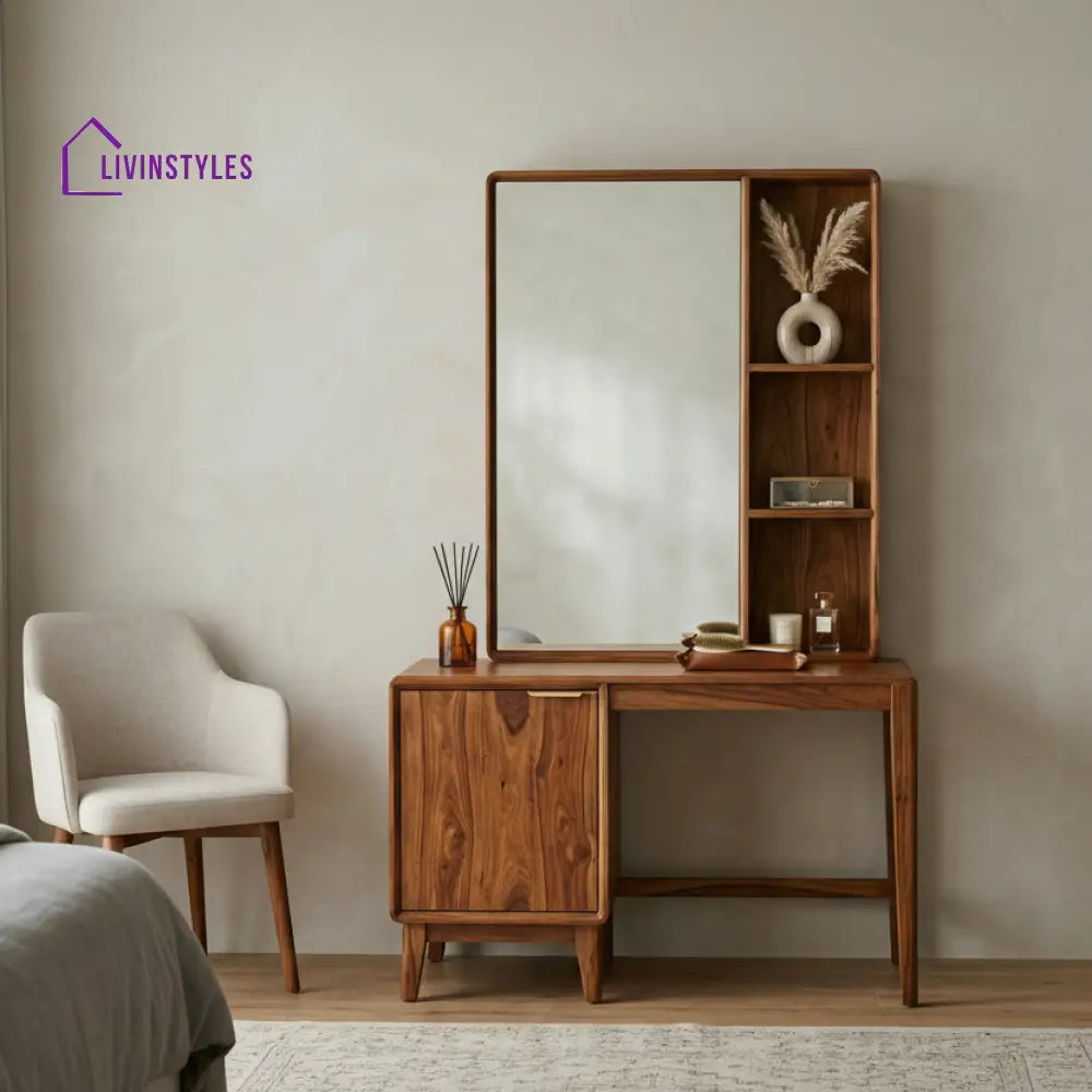 Hannah Sheesham Wood Dressing Table with Mirror and Storage (Honey Finish)