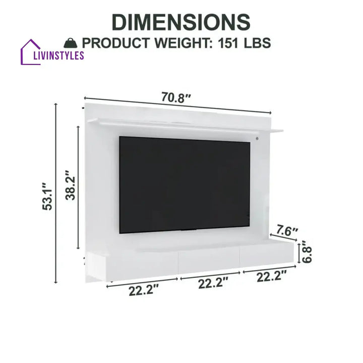 Hannah Wall Mounted White Finish Tv Unit Stand for Living Room
