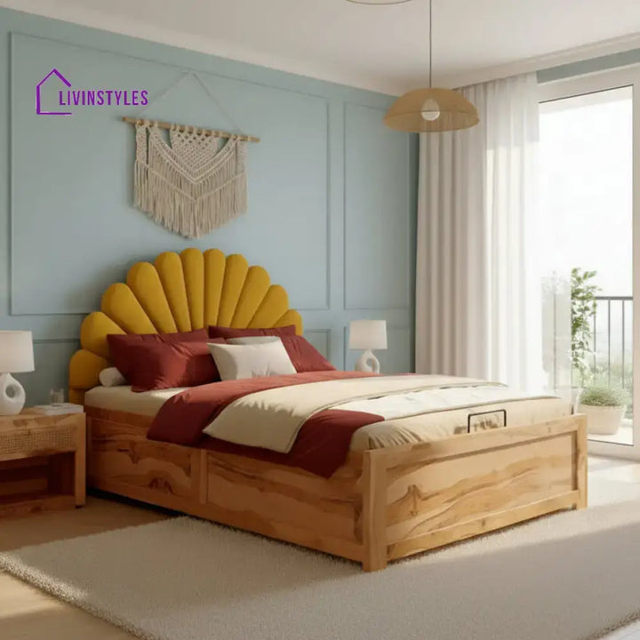 Hao Real Teak wood Hydraulic Bed King Size - Mustard Yellow