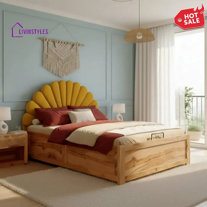 Hao Real Teak wood Hydraulic Bed King Size - Mustard Yellow
