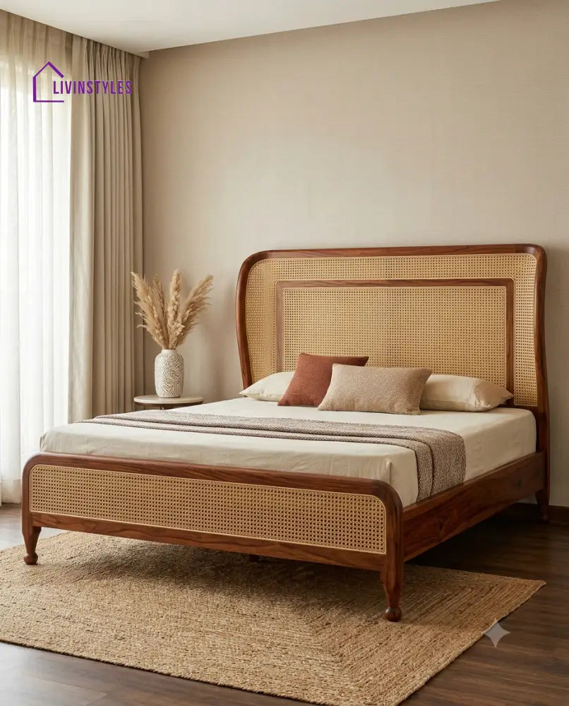 Hari Wooden Bed with Cane Weaving Headboard Design | Bed without Storage