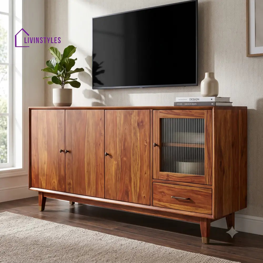 Harini Sheesham Wood TV Cabinet With Storage And Hinged Doors 72 Inch Wide