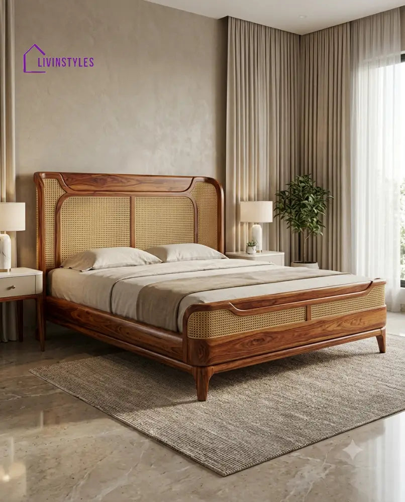 Harish Wooden Bed with Cane Weaving Headboard Design | Bed without Storage