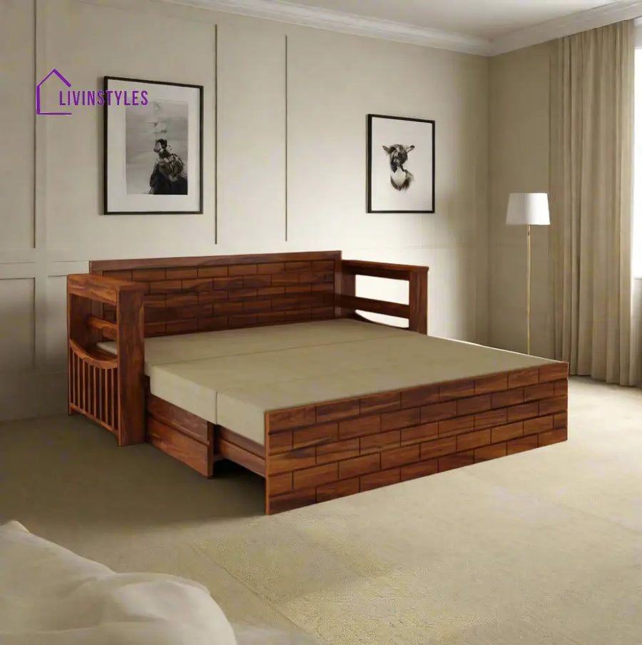 Harmony Solid Sheesham Wood 3 Seater Sofa Cum Bed With Headboard and Mini Storage Sofa Cum Bed