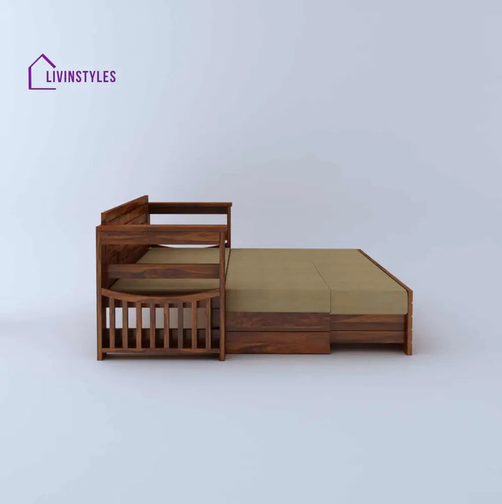 Harmony Solid Sheesham Wood 3 Seater Sofa Cum Bed With Headboard and Mini Storage Sofa Cum Bed