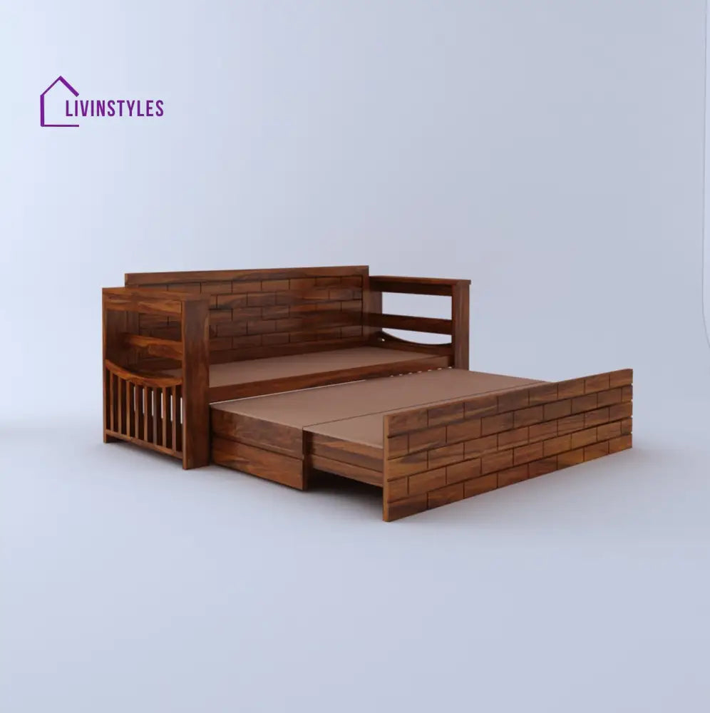 Harmony Solid Sheesham Wood 3 Seater Sofa Cum Bed With Headboard and Mini Storage Sofa Cum Bed