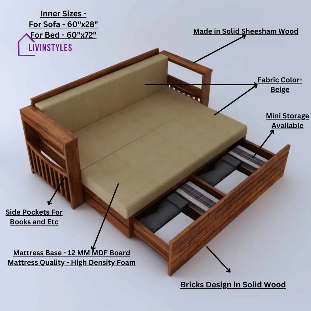 Harmony Solid Sheesham Wood 3 Seater Sofa Cum Bed With Headboard and Mini Storage Sofa Cum Bed