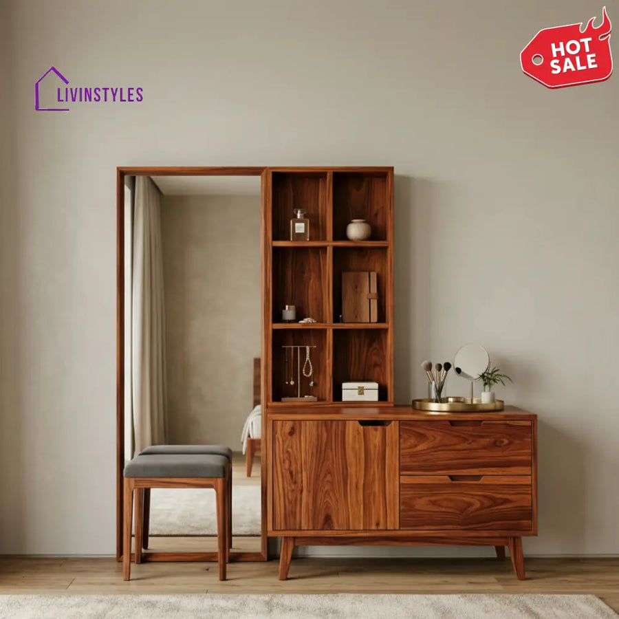 Harper Sheesham Wood Dressing Table with Mirror and Storage (Honey Finish)