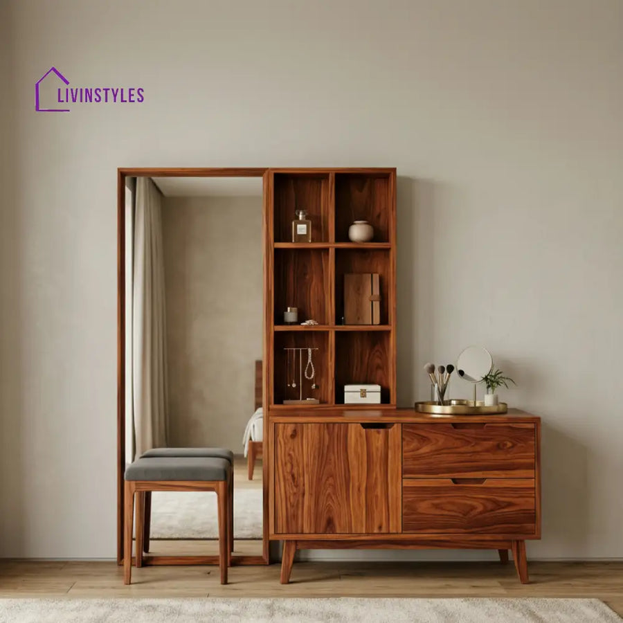Harper Sheesham Wood Dressing Table with Mirror and Storage (Honey Finish)