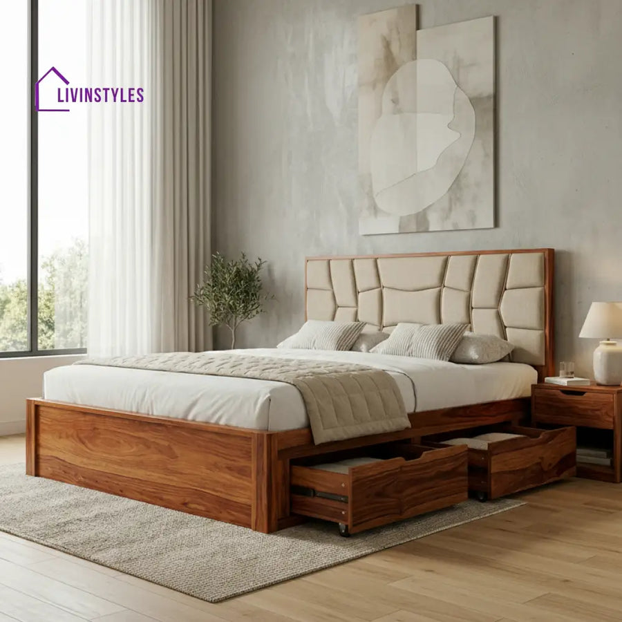 Harrison Premium Sheesham Wood Bed with Fabric Headboard