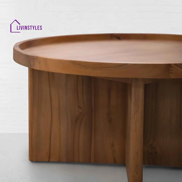 Harsh Solid Acacia Wood Round Coffee Table for Living Room | Natural Finish Center Table with Modern Cross Leg Base