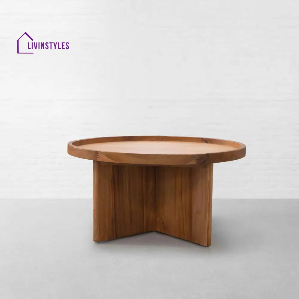 Harsh Solid Acacia Wood Round Coffee Table for Living Room | Natural Finish Center Table with Modern Cross Leg Base