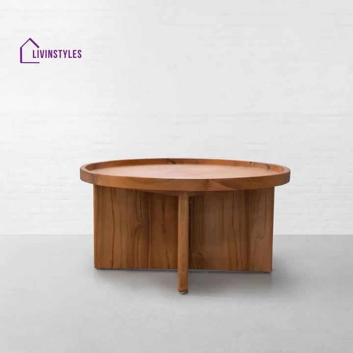 Harsh Solid Acacia Wood Round Coffee Table for Living Room | Natural Finish Center Table with Modern Cross Leg Base