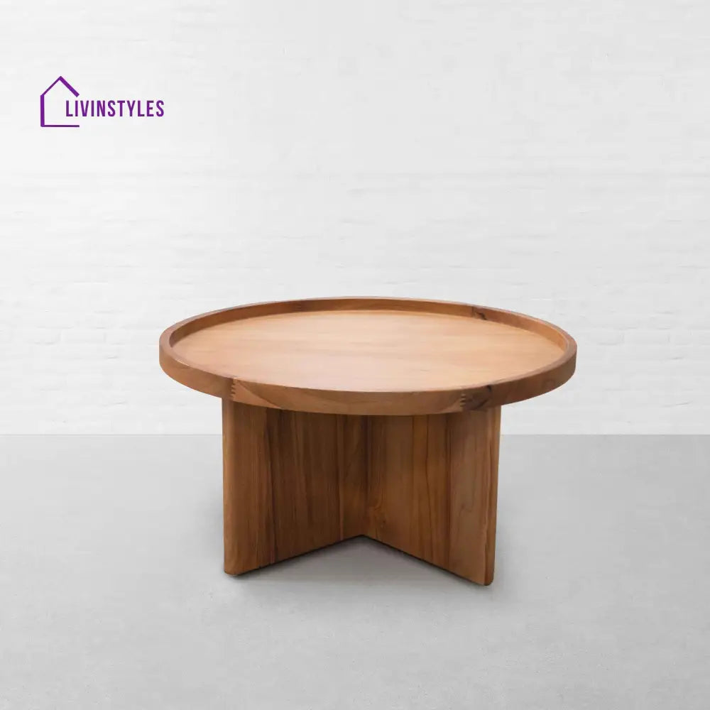 Harsh Solid Acacia Wood Round Coffee Table for Living Room | Natural Finish Center Table with Modern Cross Leg Base