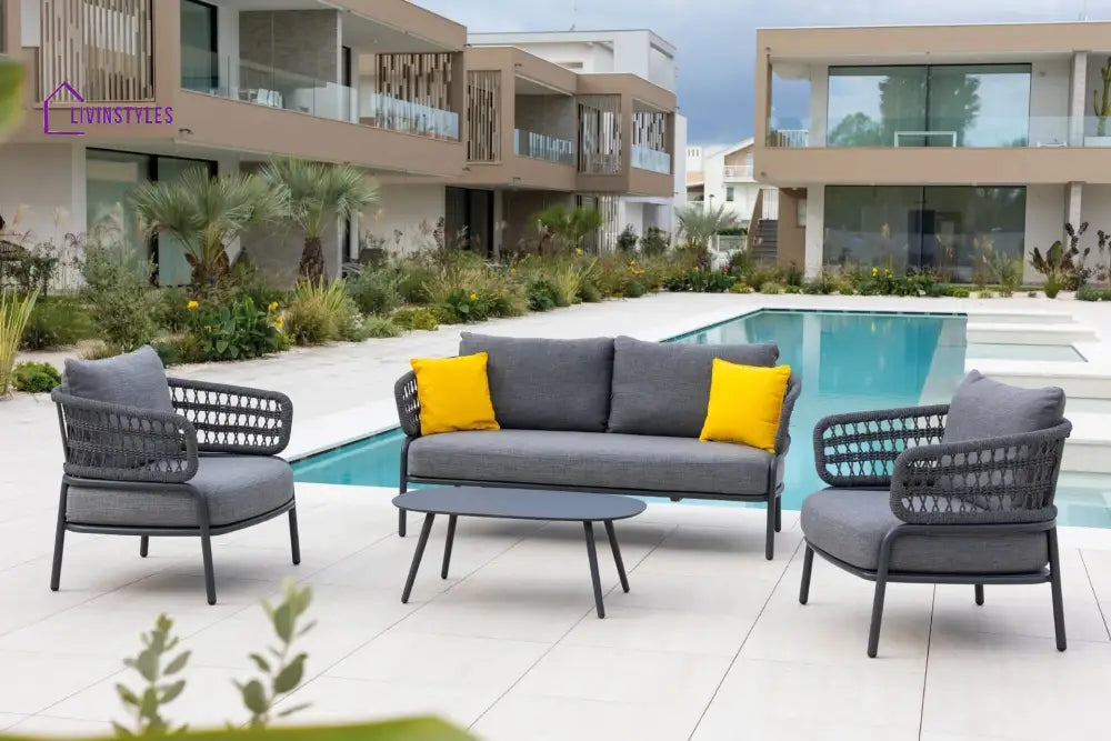 Hauwa Outdoor Garden Balcony Sofa Set 2 Seater 2 Single Seater 1 Center Table Set Braid & Rope (Dark Grey) - Sofa Sets