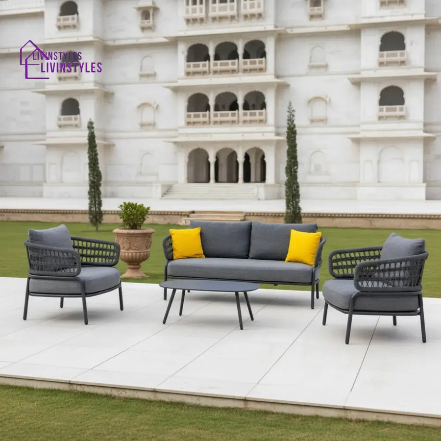 Hauwa Outdoor Garden Balcony Sofa Set 2 Seater 2 Single Seater 1 Center Table Set Braid & Rope (Dark Grey) - Sofa Sets