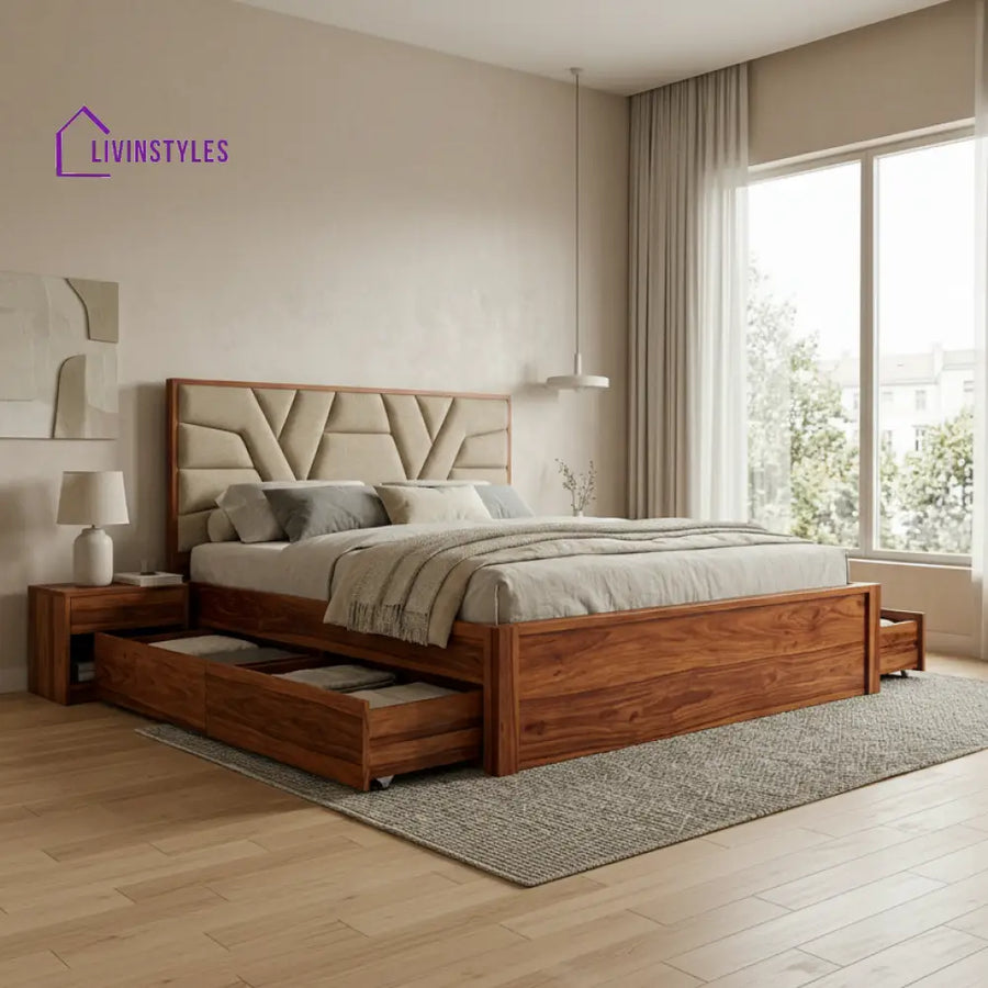 Heidi Premium Sheesham Wood Bed with Fabric Headboard