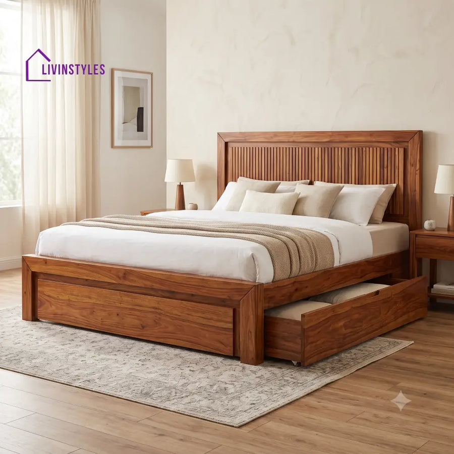Helene Premium Wooden Bed with Drawer Storage | King Size Bed & Queen Size Bed Online