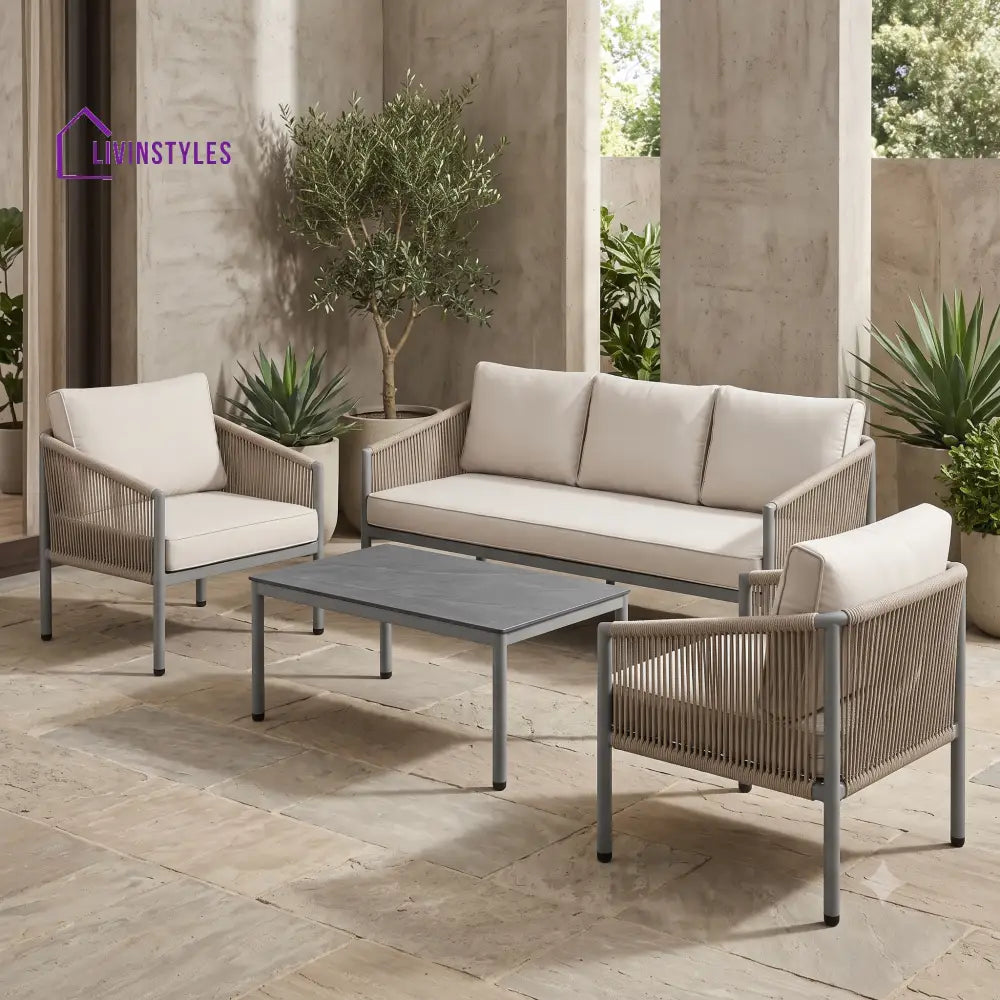 Heloise Metal Frame and Rope Weaving Outdoor Sofa Set 3 + 1 +1 and Coffee Table | Premium Uphostery