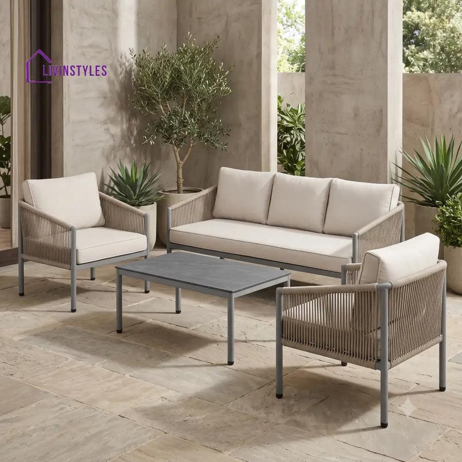 Heloise Metal Frame and Rope Weaving Outdoor Sofa Set 3 + 1 +1 and Coffee Table | Premium Uphostery