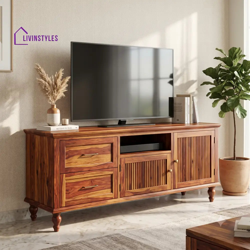 Hema Sheesham Wood TV Unit Living Room Cabinet Solid Tabletop Honey Finish