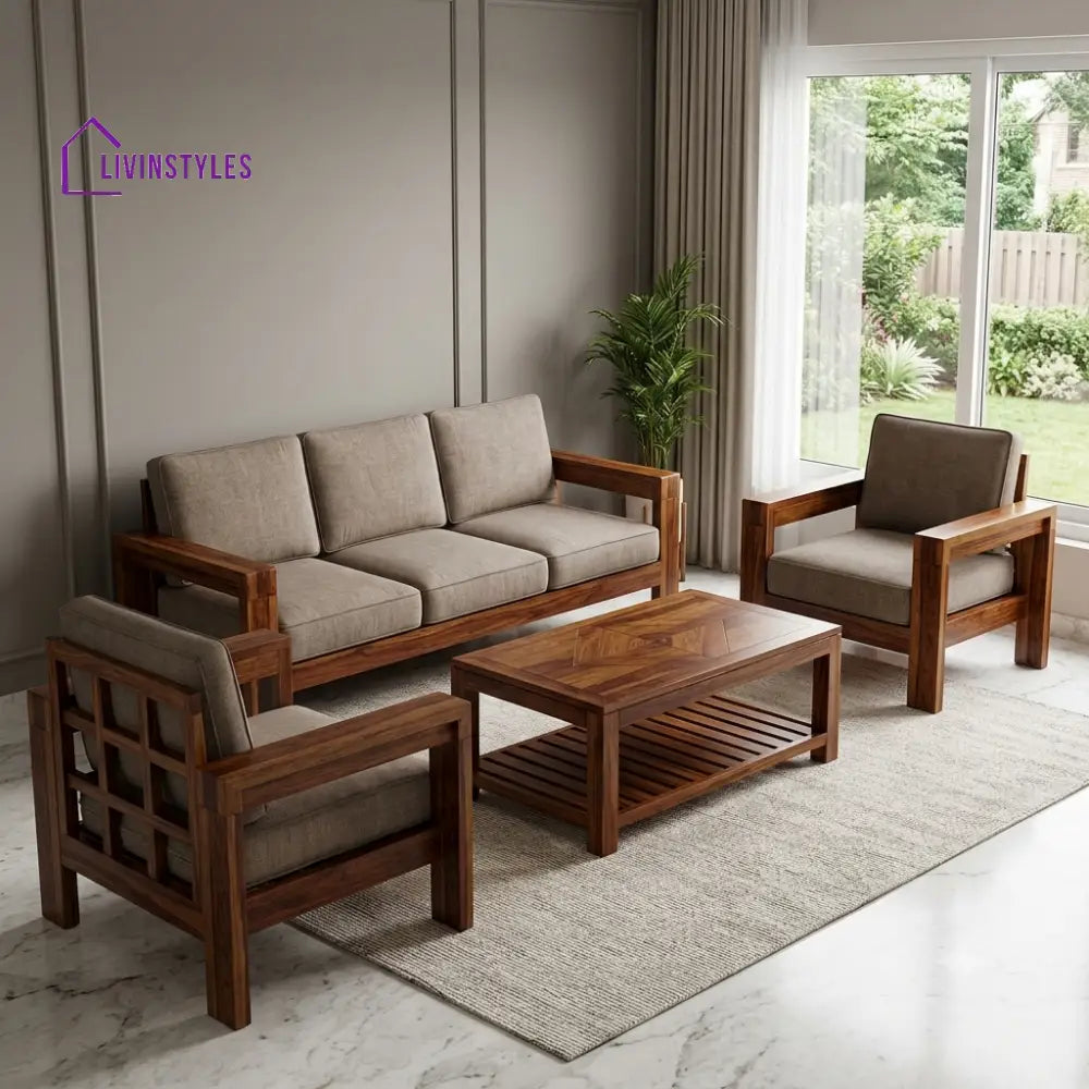 Hema Wooden Sofa Set | 3 + 1 + 1 Sheesham Wood Sofa Set for Living Room