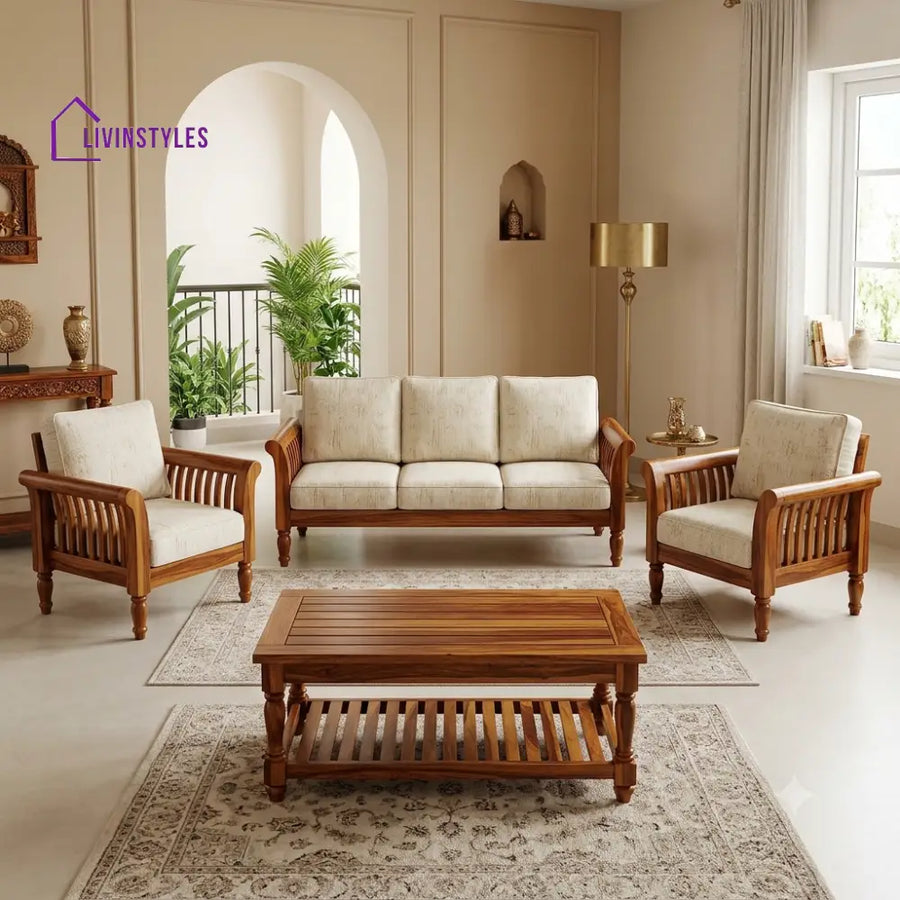 Hemalatha Wooden Sofa Set | 3 + 1 + 1 Sheesham Wood Sofa Set for Living Room