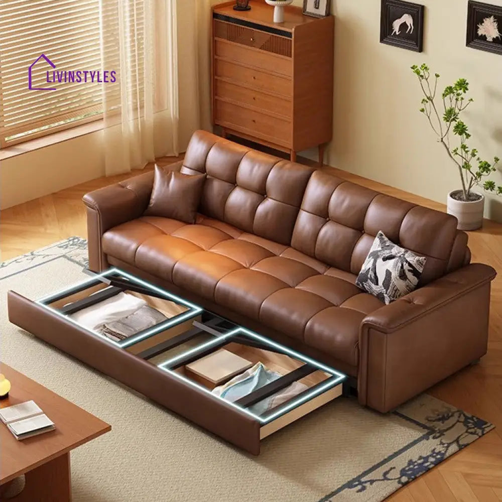 Retro Leathaire Fabric Pull Out Sofa Bed with Underneath Storage SOFA BED