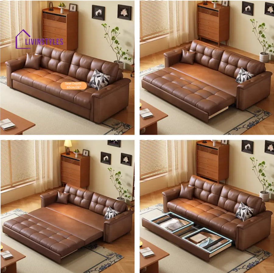 Retro Leathaire Fabric Pull Out Sofa Bed with Underneath Storage 1.9M/75INCH / Brown / Piping Armrests SOFA BED