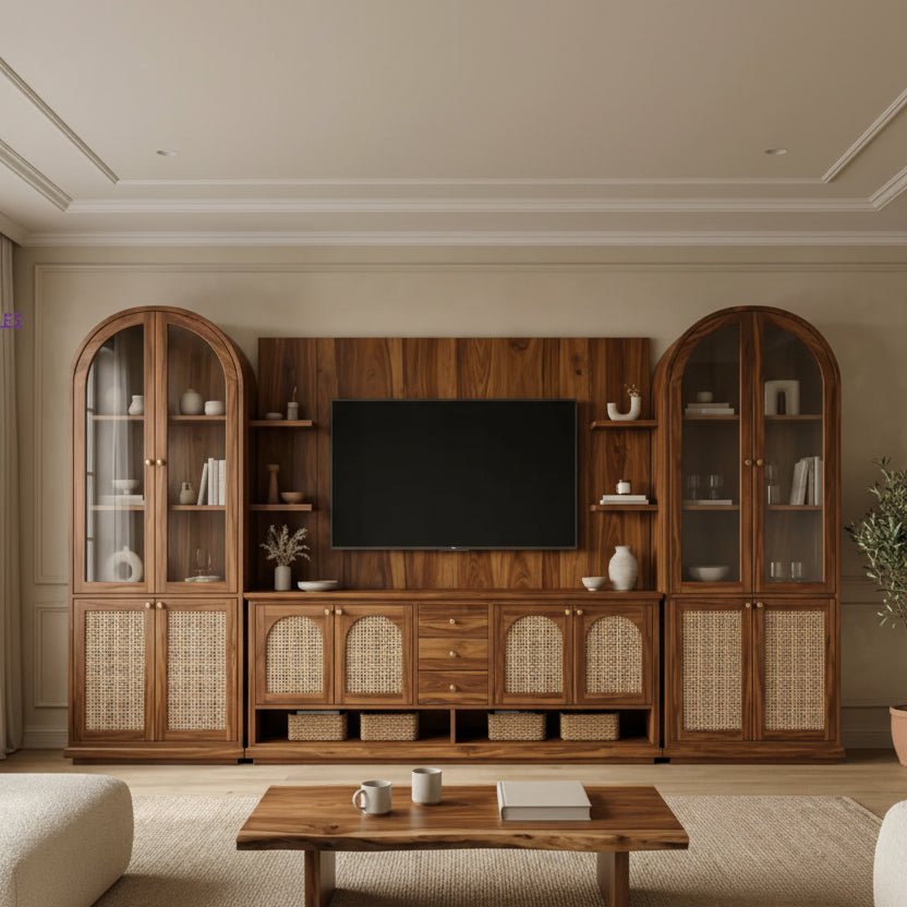 Henry Premium Solid Wood TV Unit with Cane Panel Cabinet