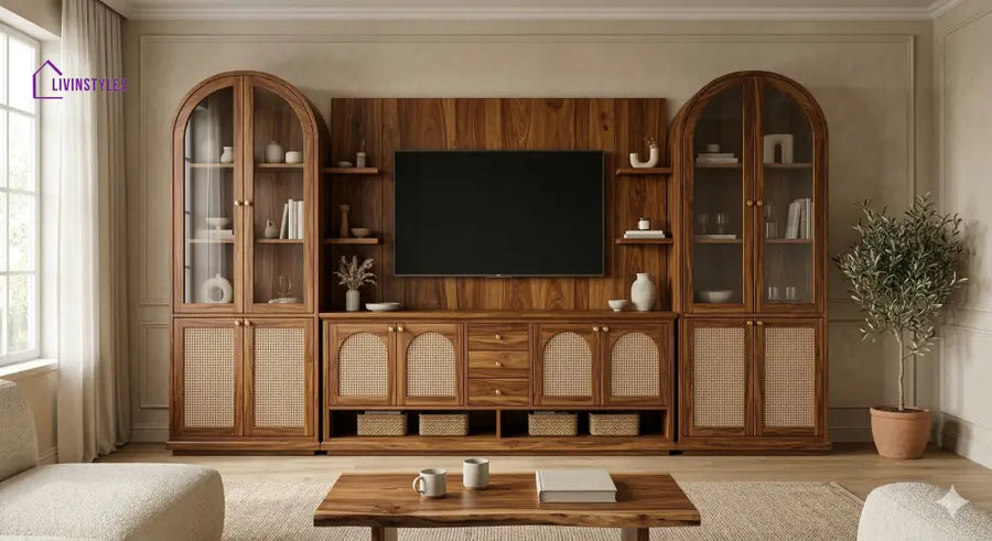 Henry Premium Solid Wood TV Unit with Cane Panel Cabinet