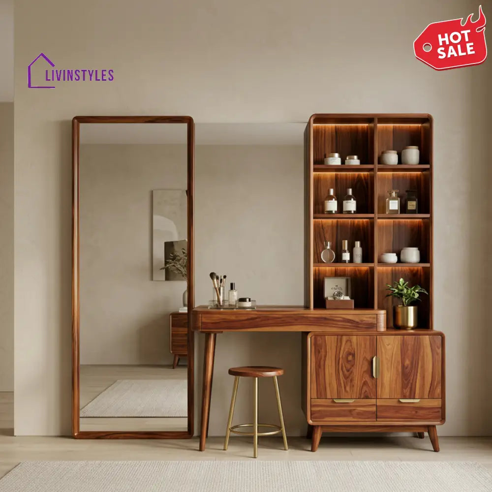 Henry Sheesham Wood Dressing Table with Mirror and Storage (Honey Finish)