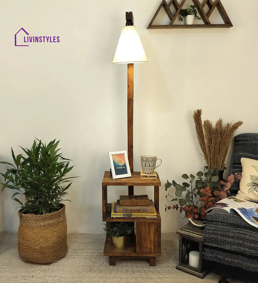 Henry Wooden Floor Lamp With Brown Base And Jute Fabric Lampshade Lamps