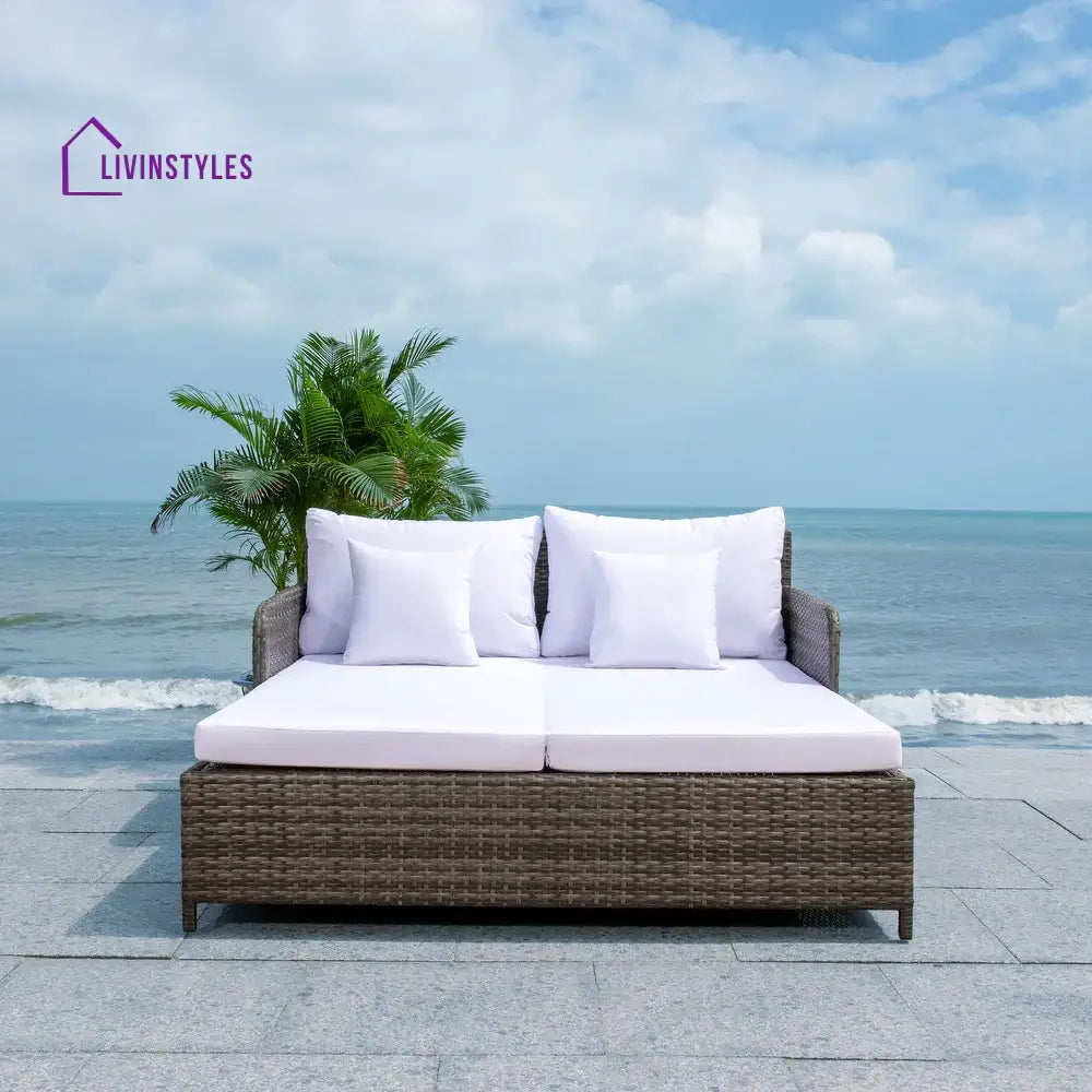 Heper Outdoor Poolside Sunbed With Cushion Daybed - Brown + White - Sunbed