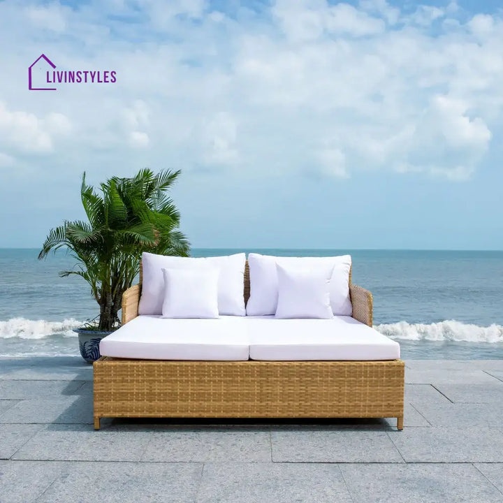 Heper Outdoor Poolside Sunbed With Cushion Daybed - Light Brown + White - Sunbed