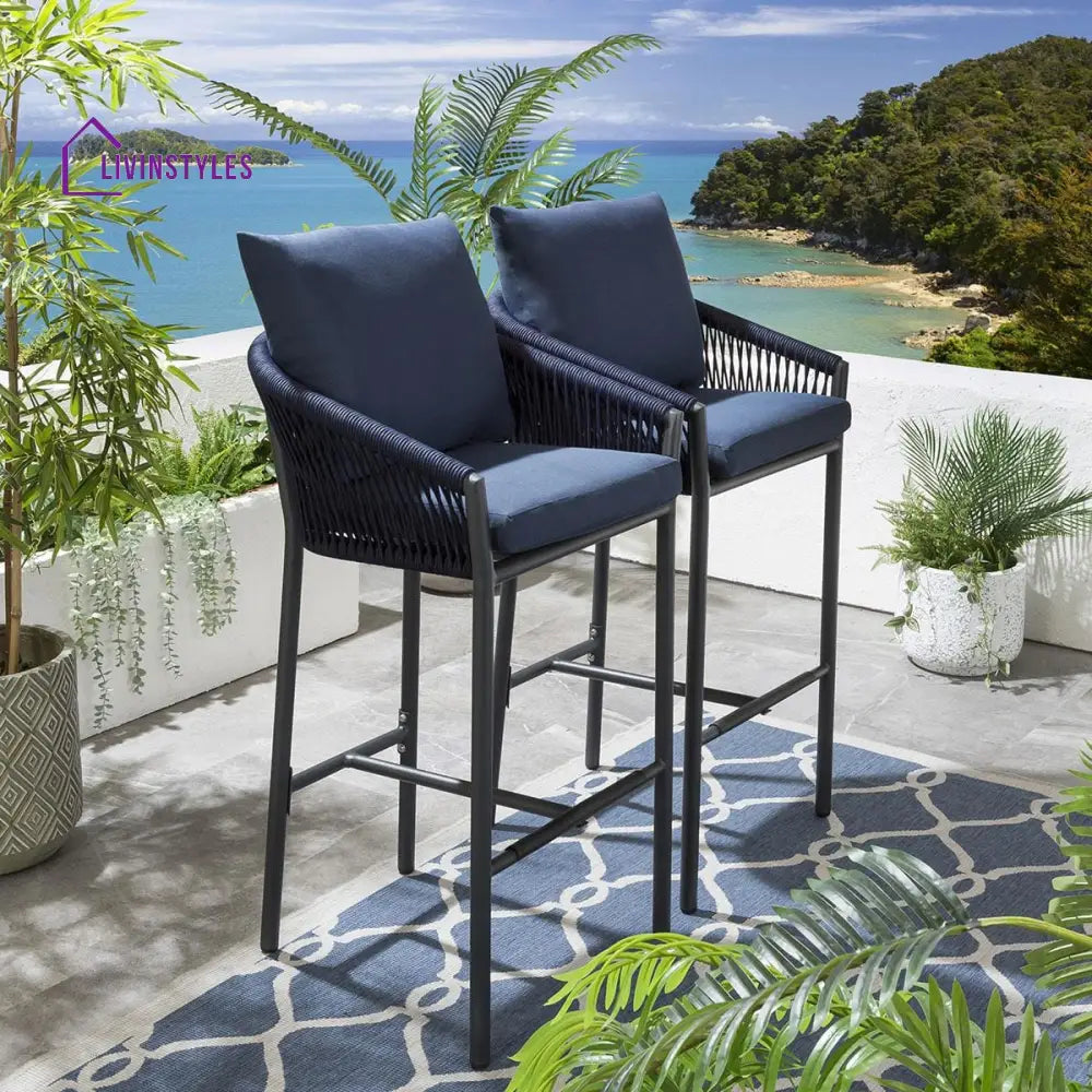 Herminia Outdoor Patio Bar Chair 2 Chairs For Balcony Braided & Rope - Blue - Bar Sets