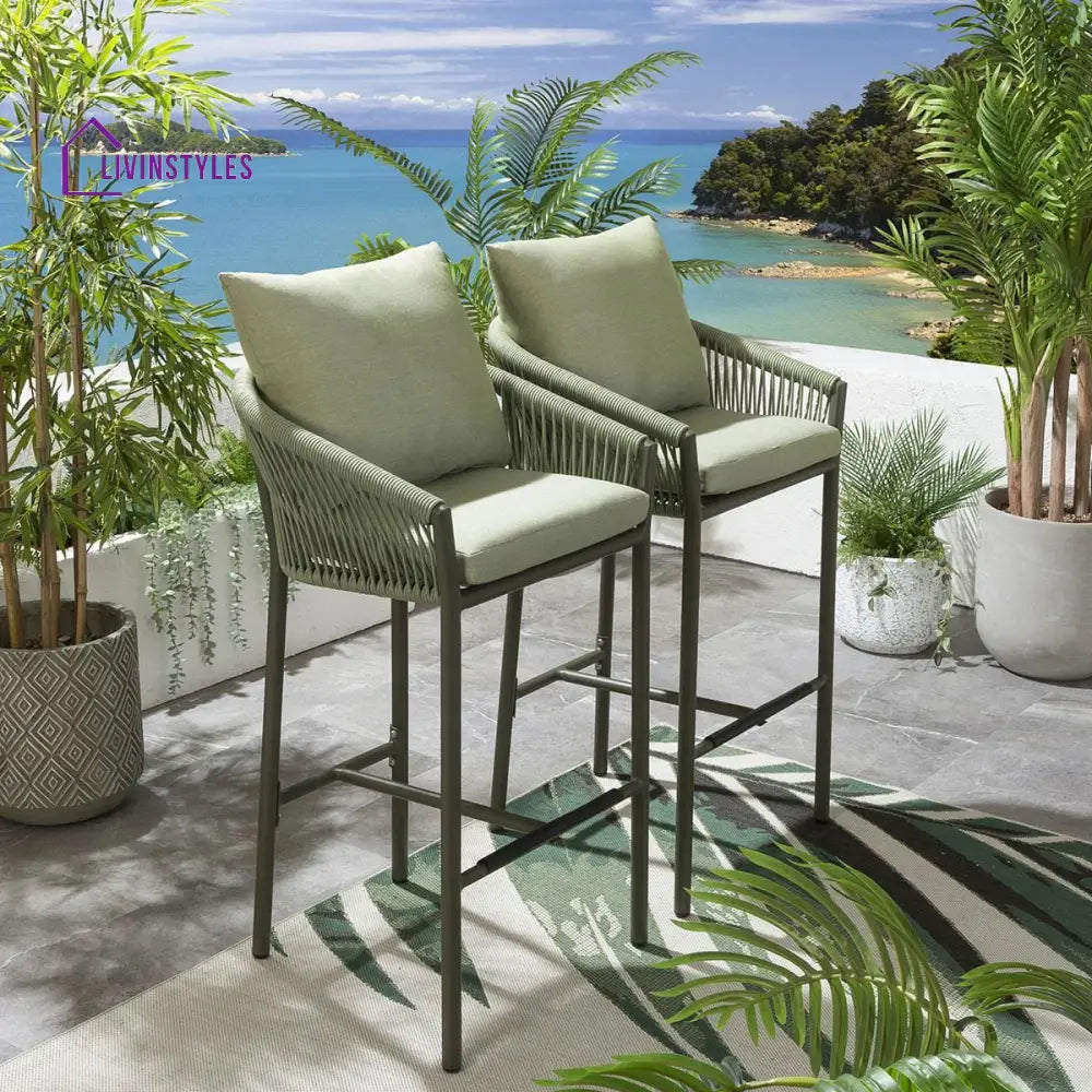 Herminia Outdoor Patio Bar Chair 2 Chairs For Balcony Braided & Rope - Green - Bar Sets