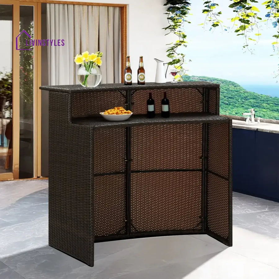Herminia Outdoor Rattan Wicker Bar Table With a High-Top Design & Integrated Storage Shelf - Bar Table