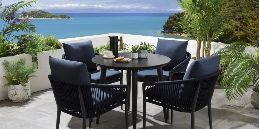 Hernando Outdoor Garden Patio Dining Set 4 Chairs and 1 Table Set (Blue + Black) Braided & Rope - Dining sets