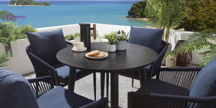 Hernando Outdoor Garden Patio Dining Set 4 Chairs and 1 Table Set (Blue + Black) Braided & Rope - Dining sets